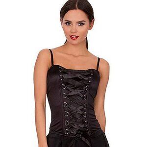 NWT Spirit Halloween Strapless Front Lace Up Black Satin Push Up Corset Top, S